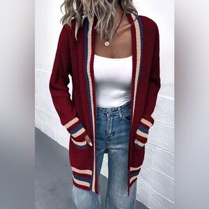Contrast Trim Rib-Knit Open Front Longline Pocket Cardigan